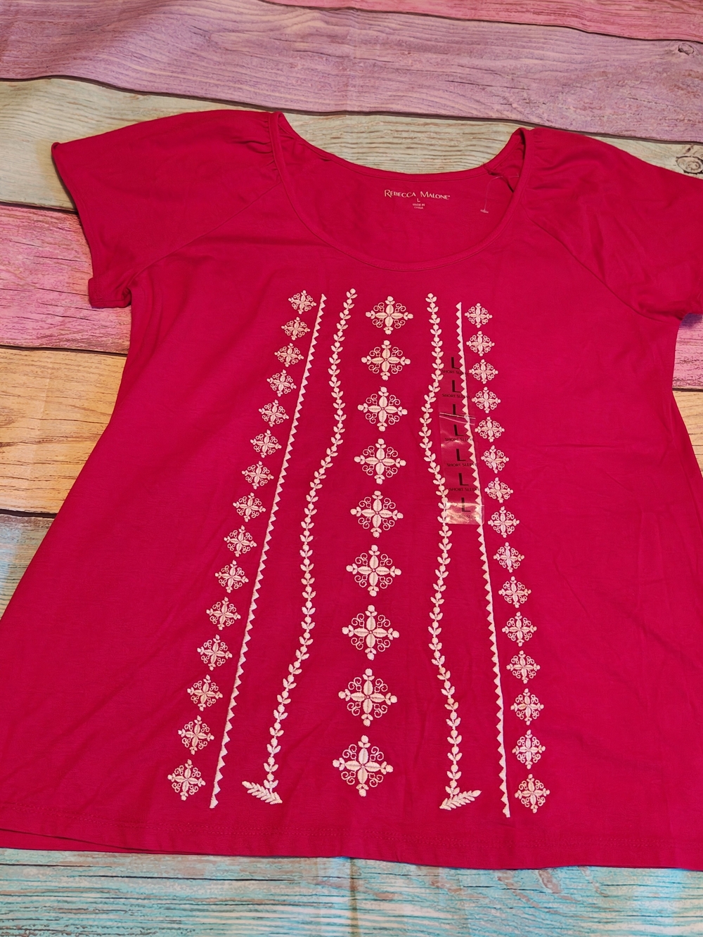 Large Rebecca Malone Red Short Sleeve Scoop Neck Tee with White Embroidery #1578